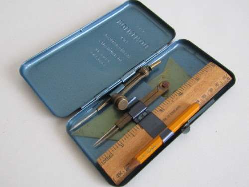 Lot of 3 collectable items; 1899 Star Safety Razor Tin,Brass mathematical set and a 1936 Bicycle Tag