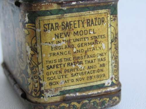 Lot of 3 collectable items; 1899 Star Safety Razor Tin,Brass mathematical set and a 1936 Bicycle Tag
