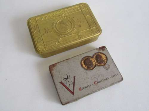 Lot of 2 original Tins; 1914 Christmas brass tin and 1941 Kersfees / Christmas Tin, bid for both