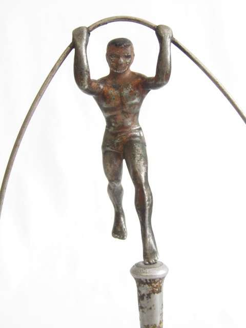 Rare large vintage metal "Balancing Man" statue on Plinth with Ashtray Base, 36cm high