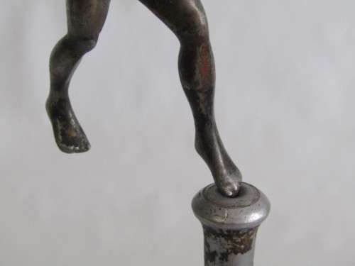 Rare large vintage metal "Balancing Man" statue on Plinth with Ashtray Base, 36cm high