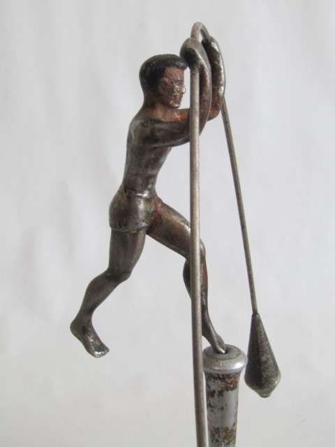 Rare large vintage metal "Balancing Man" statue on Plinth with Ashtray Base, 36cm high