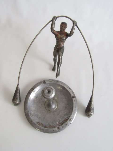 Rare large vintage metal "Balancing Man" statue on Plinth with Ashtray Base, 36cm high