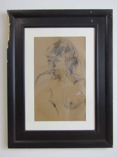 Original Susan Reyneke Painting with frame and glass, Nude, possibly charcoal on paper, 44x27cm