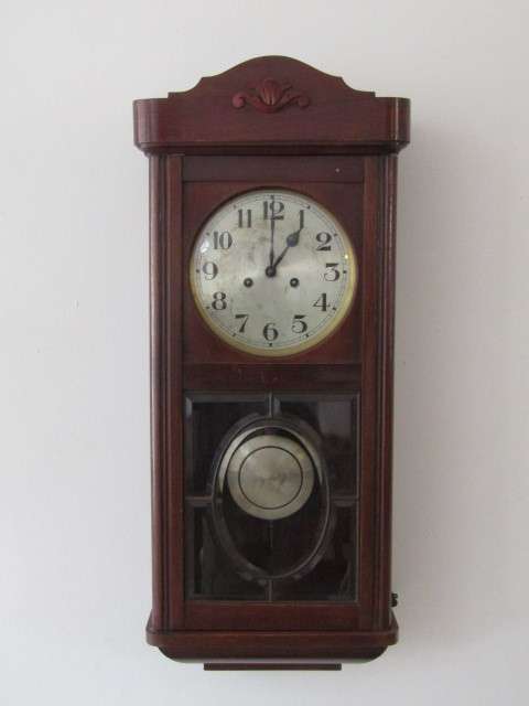 Very large antique solid Mahogany GB German made Wall Clock with Key and Pendulum, in working order