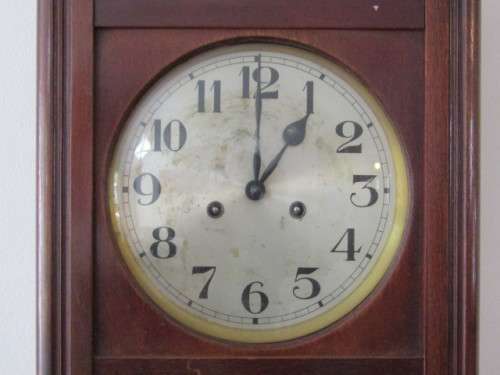 Very large antique solid Mahogany GB German made Wall Clock with Key and Pendulum, in working order