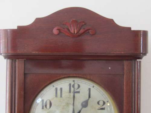 Very large antique solid Mahogany GB German made Wall Clock with Key and Pendulum, in working order