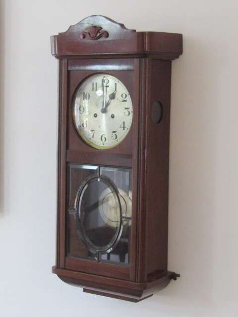Very large antique solid Mahogany GB German made Wall Clock with Key and Pendulum, in working order
