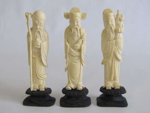 Set of 3 vintage / antique Chinese Carved Ivory Figurines of Immortals on wooden Bases, 12cm
