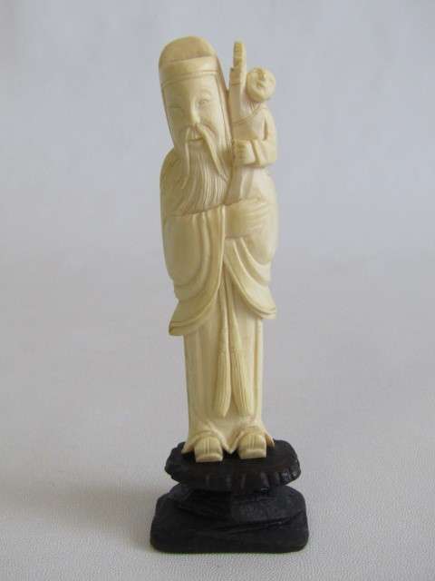 Set of 3 vintage / antique Chinese Carved Ivory Figurines of Immortals on wooden Bases, 12cm