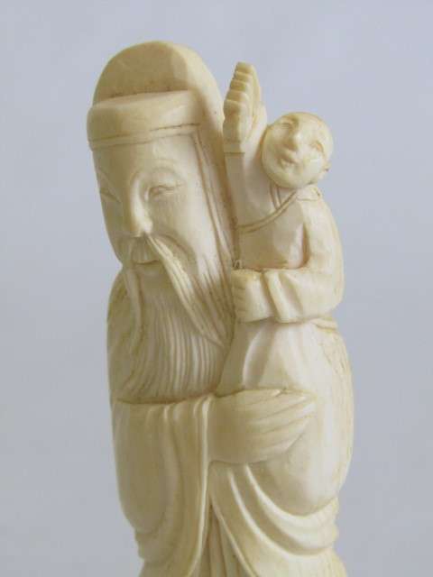 Set of 3 vintage / antique Chinese Carved Ivory Figurines of Immortals on wooden Bases, 12cm