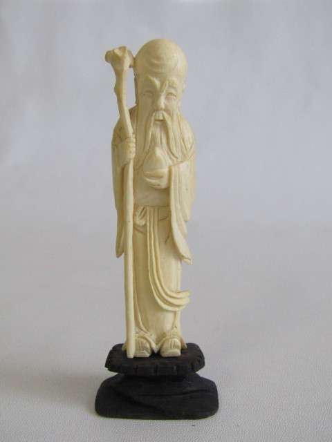 Set of 3 vintage / antique Chinese Carved Ivory Figurines of Immortals on wooden Bases, 12cm