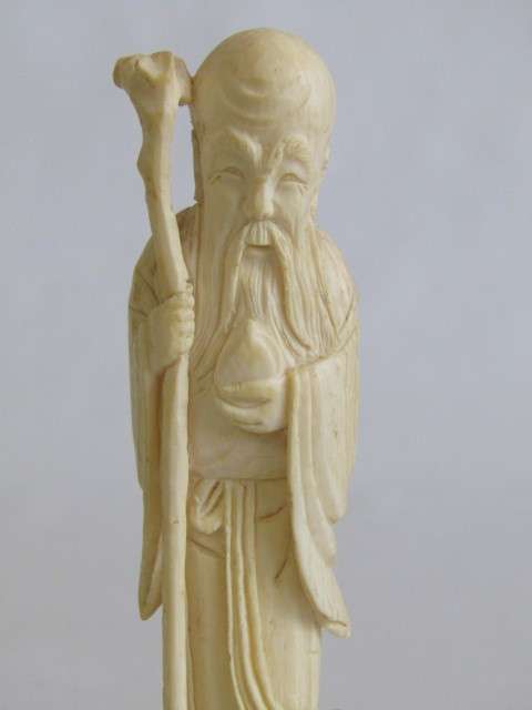 Set of 3 vintage / antique Chinese Carved Ivory Figurines of Immortals on wooden Bases, 12cm