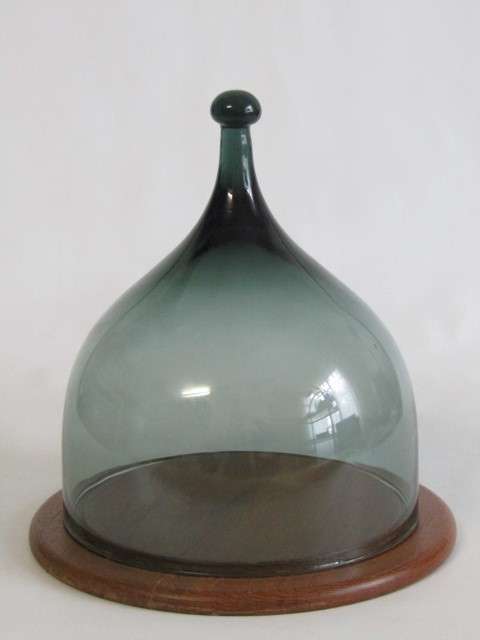 Vintage Wooden Cheese board with retro Smokey Green Glass Dome, 20cm diameter x 22cm high, excellent