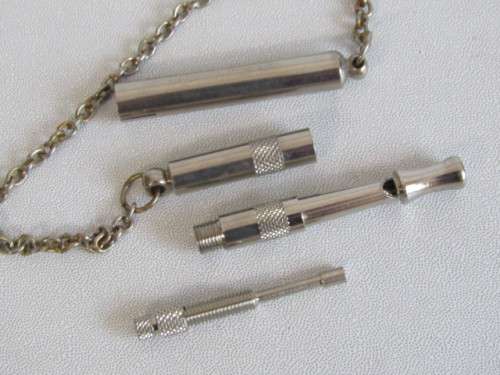 Unusual stainless steel Pitch adjustable Dog Whistle on a Chain, excellent and working condition