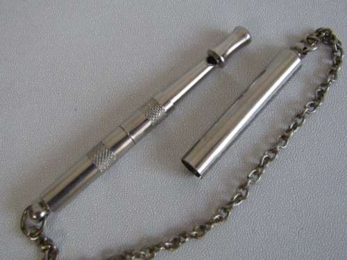 Unusual stainless steel Pitch adjustable Dog Whistle on a Chain, excellent and working condition