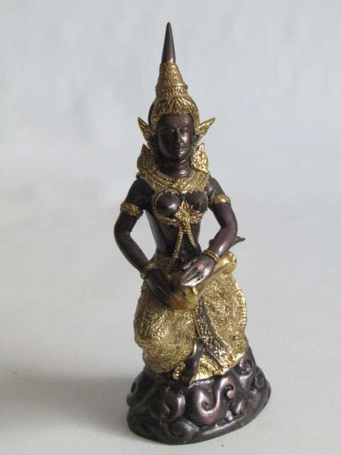 Vintage cold painted solid Bronze statue of a Dancing Thai Princess with a Drum, 19cm