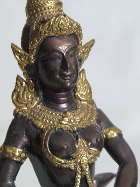 Vintage cold painted solid Bronze statue of a Dancing Thai Princess with a Drum, 19cm