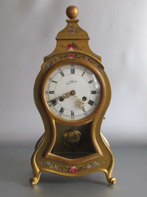 Large 1950's wooden Mantle Clock, painted and decorated in gold, porcelain Dial, working, 45cm tall