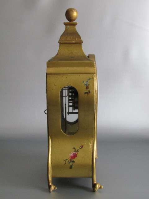 Large 1950's wooden Mantle Clock, painted and decorated in gold, porcelain Dial, working, 45cm tall