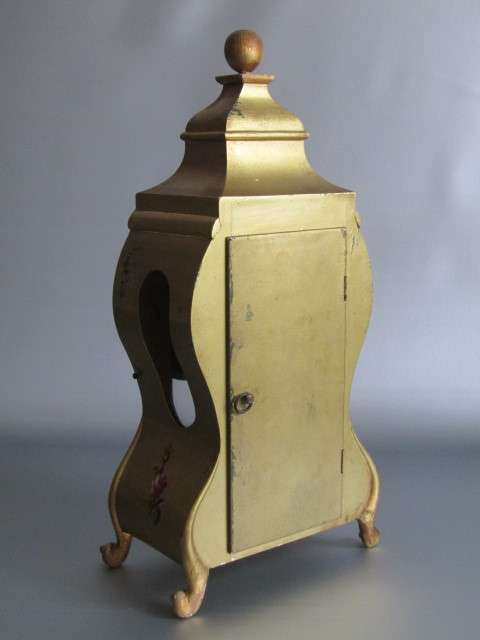 Large 1950's wooden Mantle Clock, painted and decorated in gold, porcelain Dial, working, 45cm tall