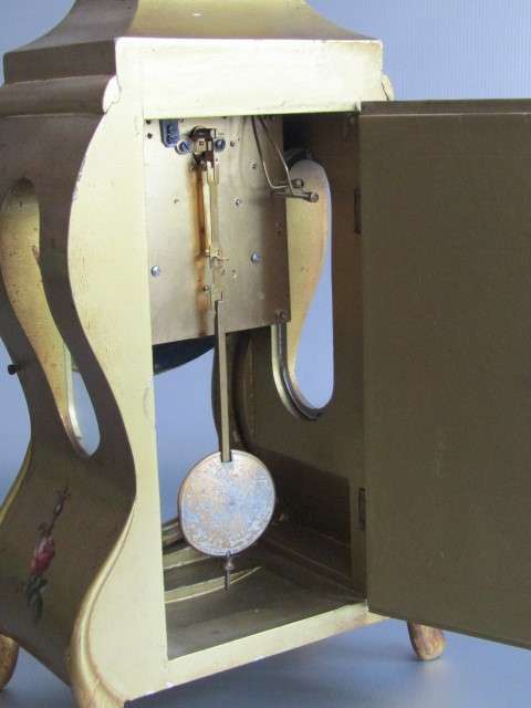 Large 1950's wooden Mantle Clock, painted and decorated in gold, porcelain Dial, working, 45cm tall