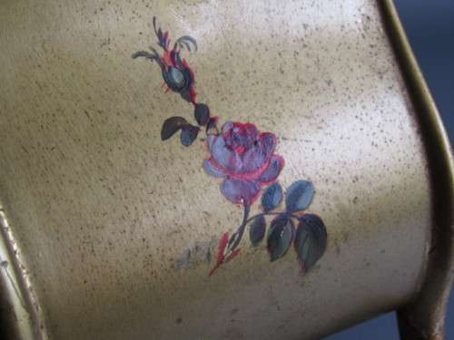 Large 1950's wooden Mantle Clock, painted and decorated in gold, porcelain Dial, working, 45cm tall