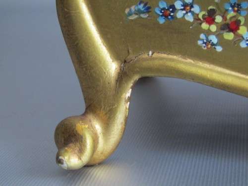 Large 1950's wooden Mantle Clock, painted and decorated in gold, porcelain Dial, working, 45cm tall