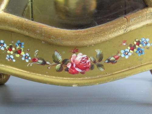 Large 1950's wooden Mantle Clock, painted and decorated in gold, porcelain Dial, working, 45cm tall