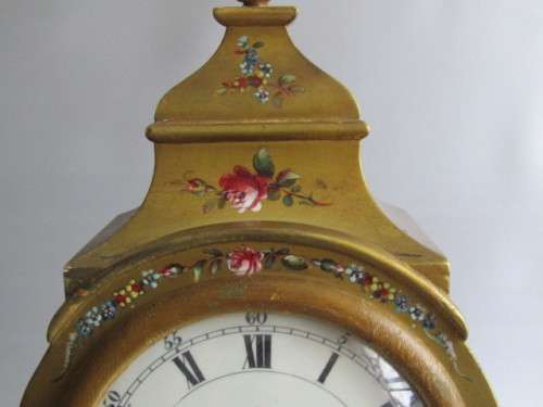 Large 1950's wooden Mantle Clock, painted and decorated in gold, porcelain Dial, working, 45cm tall