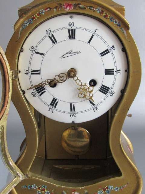 Large 1950's wooden Mantle Clock, painted and decorated in gold, porcelain Dial, working, 45cm tall