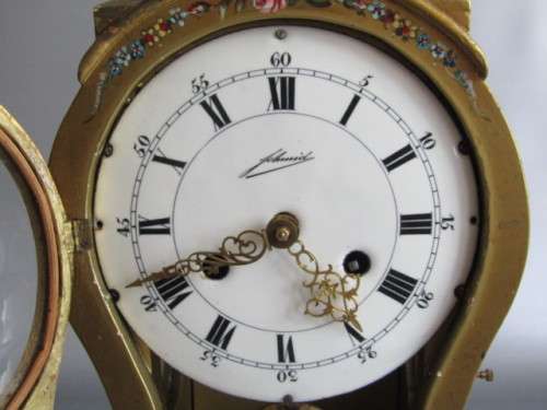 Large 1950's wooden Mantle Clock, painted and decorated in gold, porcelain Dial, working, 45cm tall