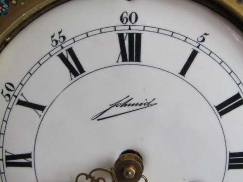 Large 1950's wooden Mantle Clock, painted and decorated in gold, porcelain Dial, working, 45cm tall