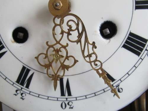 Large 1950's wooden Mantle Clock, painted and decorated in gold, porcelain Dial, working, 45cm tall