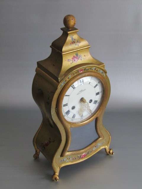 Large 1950's wooden Mantle Clock, painted and decorated in gold, porcelain Dial, working, 45cm tall