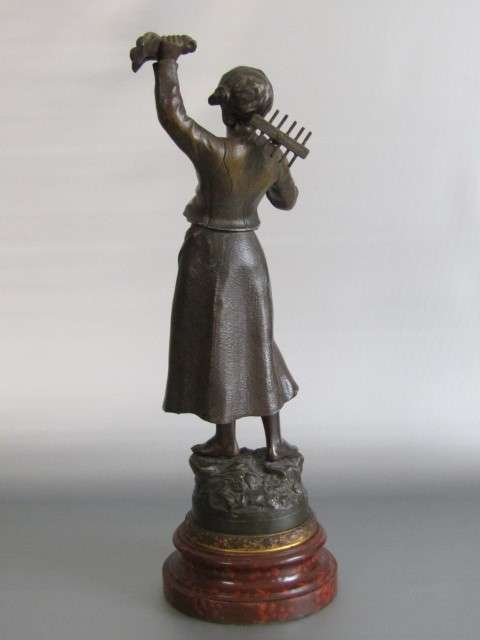 Large vintage French Spelter Statue of a Farm Girl with a Rake, Signed, wooden base, excellent, 46cm