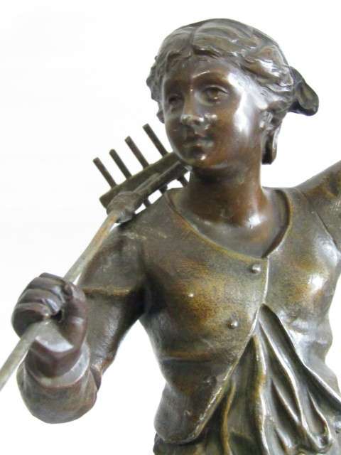Large vintage French Spelter Statue of a Farm Girl with a Rake, Signed, wooden base, excellent, 46cm
