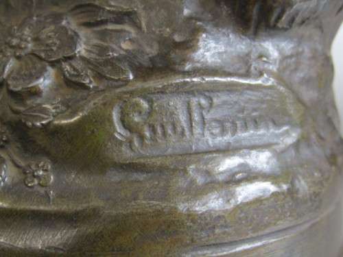 Large vintage French Spelter Statue of a Farm Girl with a Rake, Signed, wooden base, excellent, 46cm