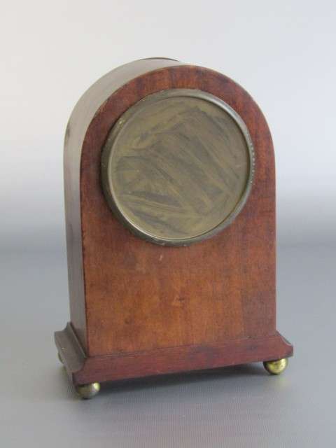 Edwardian mahogany Mantle Clock with decorative wooden inserts and brass fittings, with Key, 21cm