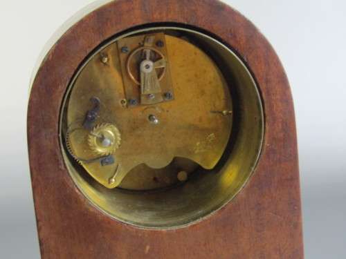 Edwardian mahogany Mantle Clock with decorative wooden inserts and brass fittings, with Key, 21cm