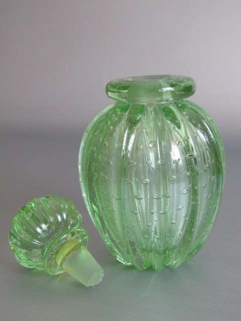 Vintage original 3 piece Murano Green art Glass Dressing Table set with bubble inclusions, 15cm