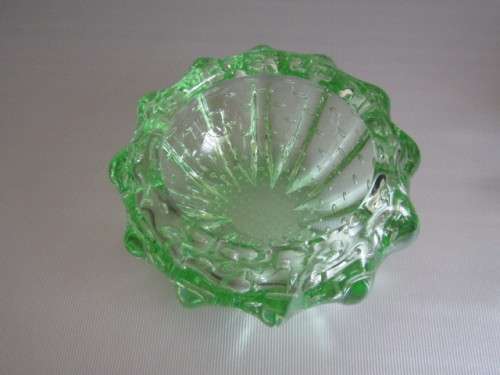 Vintage original 3 piece Murano Green art Glass Dressing Table set with bubble inclusions, 15cm