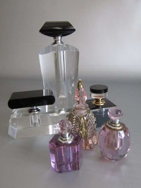 Collection of 6 assorted glass / crystal vintage Perfume Bottles, 6cm to 19cm tall