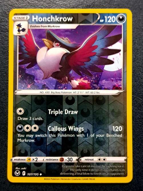 Pokemon Trading Cards - Honchkrow - 107/195 - Reverse Holo - Silver Tempest NM