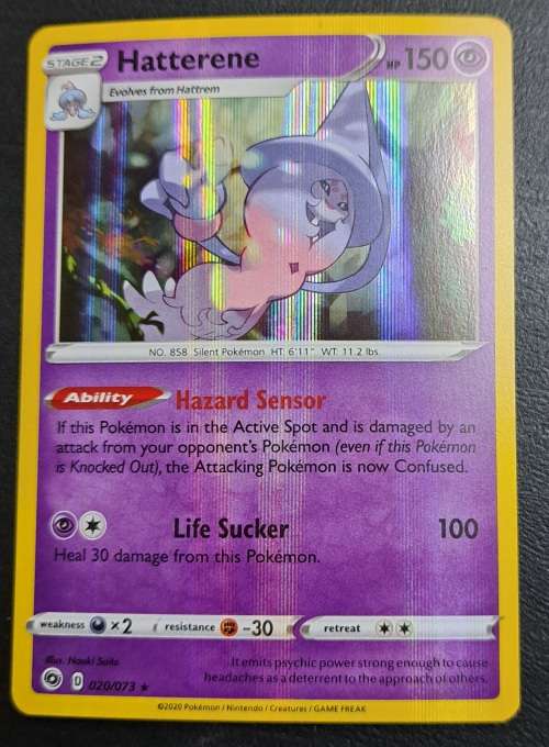 Pokemon Trading Cards - Hatterene - 020/073 - Rare Holo Bleed Error - Champions Path - NM