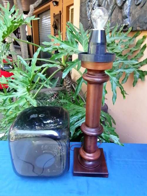 Wooden lamp with molded plastic shade