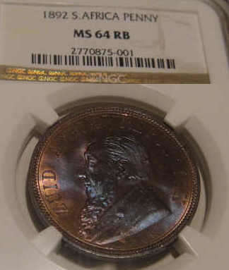Paul Kruger ZAR Penny (1d) 1892 NGC graded MS64RB (Red Brown)