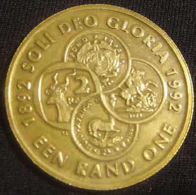 1992 South Africa Coinage (Soli Deo Gloria) Silver One Rand in Uncirculated condition
