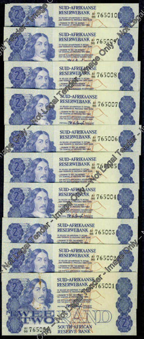 TW de Jongh serial run of ten (10) R2 notes from AI98 765001 to AI98 765010