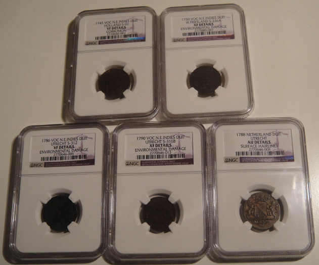 Five (5) Doits graded by the NGC :  VOC, Holland, W. Friesland and Utrecht (1700s): Bid per Coin